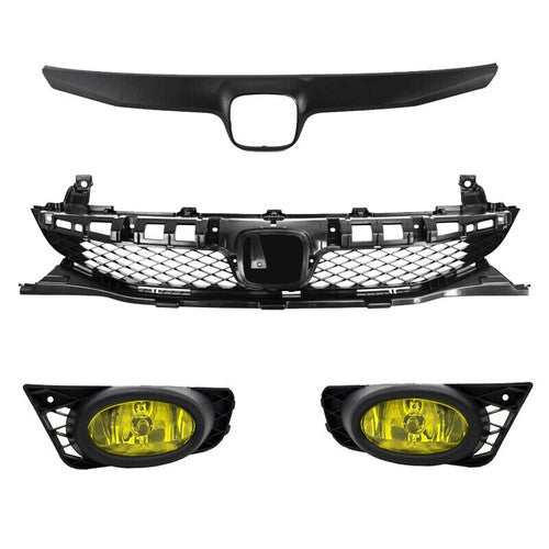 Pair Yellow Lens Fog Lights Kit & Front Bumper Grille For 09-11 Honda Civic 4Dr