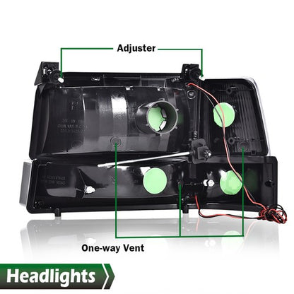 Solid Spare Fit For 1992-1996 Ford F150 F250 F350 Bronco Smoke/Chrome LED DRL Headlights
