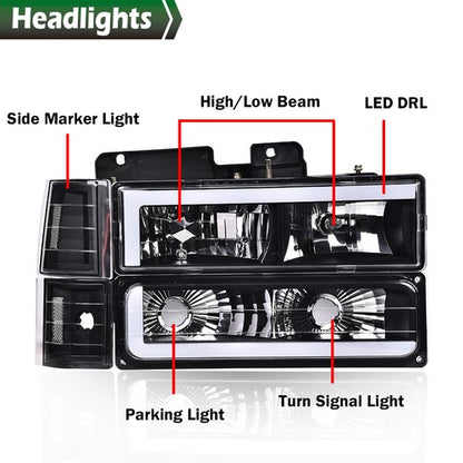 Solid Spare LED DRL Headlights+Bumper Lamps Black Fit For 94-98 GMC C/K Sierra Suburban