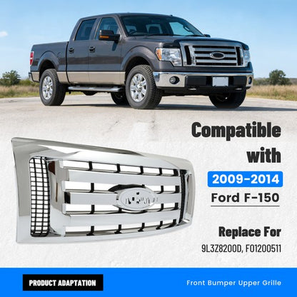 Solid Spare For 2009-2012 13 14 Ford F-150 F150 XLT Front Upper Bumper Grille Grill Chrome