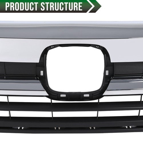 Solid Spare Fit For 19-21 Honda Pilot Front Bumper Upper Grille Grill w/ Chrome Trim