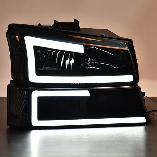 Solid Spare LED DRL Smoked Lens Black Housing Headlights Fit For 2003-2007 Chevy Silverado