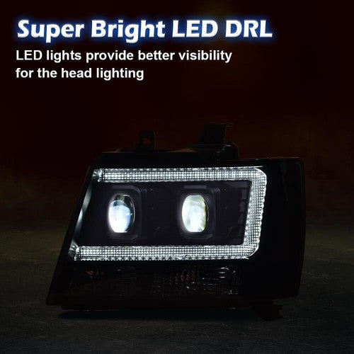 Solid Spare Fit For 2007-2014 Chevy Tahoe Suburban Smoked LED Projector Headlights Lamps
