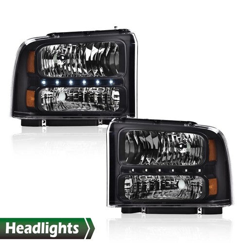 Solid Spare Fit For 2005-2007 Ford F250 F350 F450 F550 Super Duty LED DRL Headlights Black