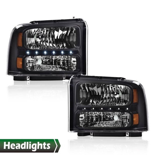 Solid Spare Fit For 2005-2007 Ford F250 F350 F450 F550 Super Duty LED DRL Headlights Black