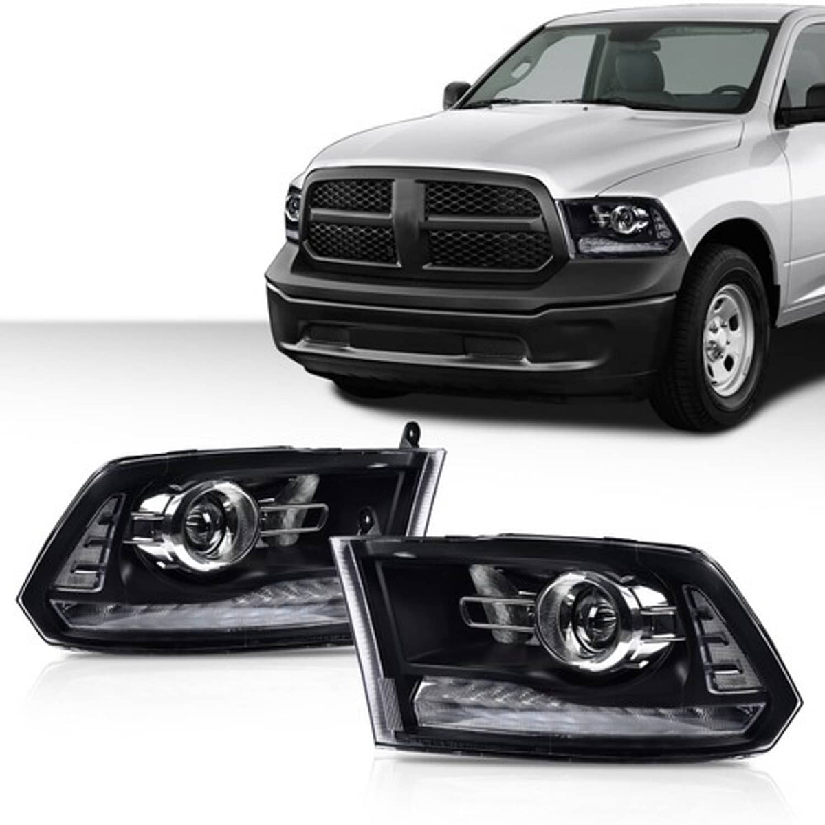 Solid Spare Clear Black Projector Headlights w/LED DRL Fit For 2009-2018 Ram 1500 2500 3500