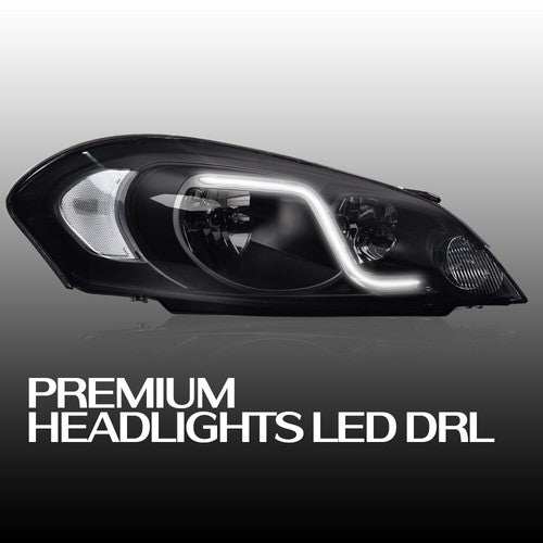 Solid Spare LED DRL Black Headlights Left+Right Fit For 2006-2016 Chevy Impala/Monte Carlo