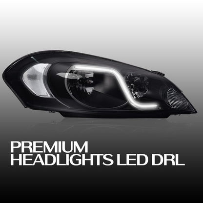 Solid Spare LED DRL Black Headlights Left+Right Fit For 2006-2016 Chevy Impala/Monte Carlo