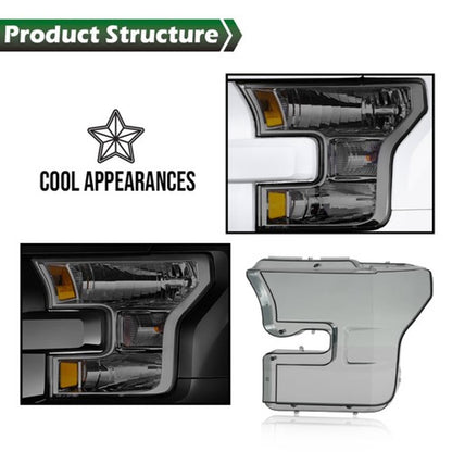 Solid Spare Fit For 2015-2017 Ford F-150 F150 Left+Right Headlight Replacement Lens Smoke