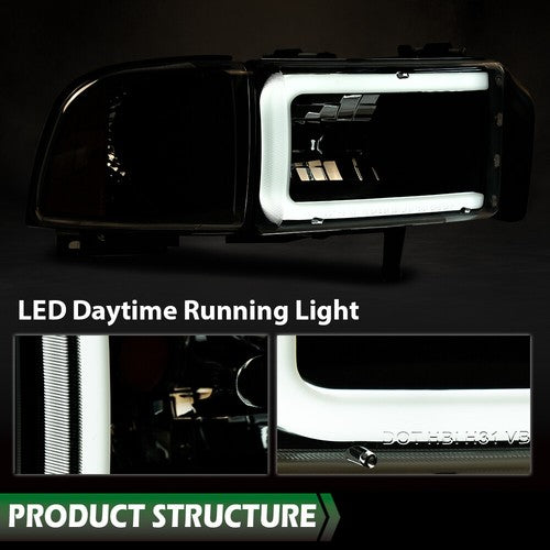 Solid Spare Amber Corner Black LED DRL Headlights Fit For 94-02 Dodge Ram 1500 2500 3500