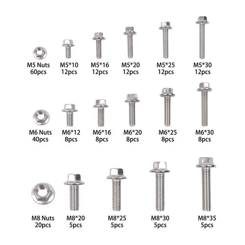 Solid Spare 240 Pcs Flanged Stainless Steel Bolts and Nuts Kit M5, M6, M8 Metric Assortment