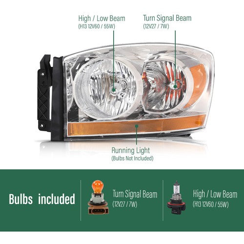 Solid Spare Fit For 2006-2008 Dodge Ram 1500/2006-09 Ram 2500 3500 Amber Chrome Headlights