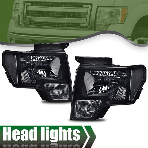 Solid Spare Fit For 2009-2014 Ford F150 F-150 Pickup Smoke Lens Black Headlights Lamps