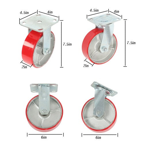 Solid Spare 4 Pack Swivel Caster Wheels 6" × 2" Polyurethane 4800Lbs (2 Swivel & 2 Rigid)