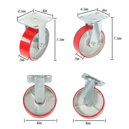 Solid Spare 4 Pack Swivel Caster Wheels 6" × 2" Polyurethane 4800Lbs (2 Swivel & 2 Rigid)