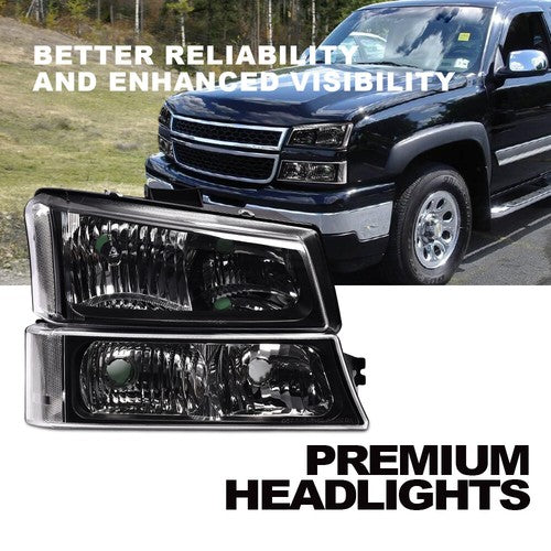 Solid Spare Black Headlights+Clear Reflector Signal Bumper Lamps Fit For 2003-2006 Silverado