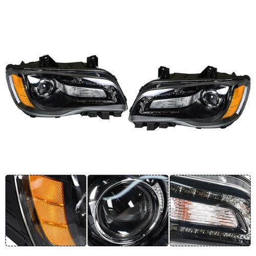Solid Spare Pair Headlights Headlamps Halogen Black Clear Lens For Chrysler 300 2011-2014