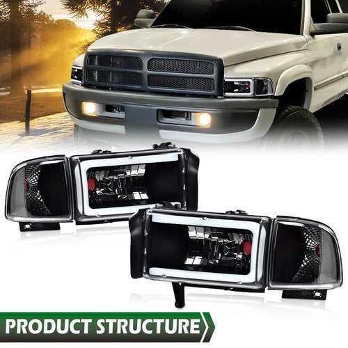 Solid Spare Fit For 94-02 Ram 1500 2500 3500 Black/Clear Corner LED DRL Headlight Headlamps