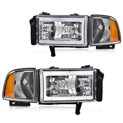 Solid Spare Fit For 1994-02 Dodge Ram 1500 2500 3500 Chrome Headlights LED Tube C Light Bar