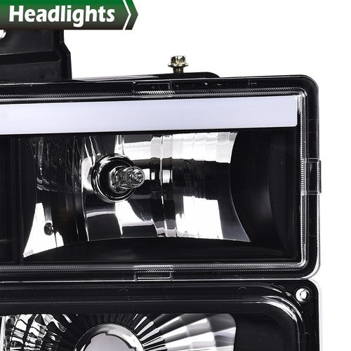 Solid Spare LED DRL Headlights+Bumper Lamps Black Fit For 94-98 GMC C/K Sierra Suburban