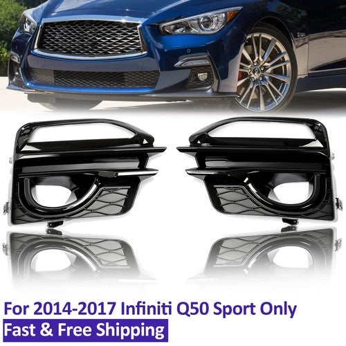 For 2014-2017 Infiniti Q50 Sport Front Bumper Gloss Black Fog Lights Cover Bezel