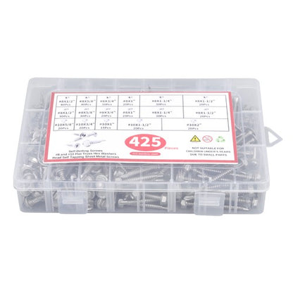 Solid Spare 425PC 410 Stainless Steel Self-Tapping Screws #8 #10 Self-Drilling Set