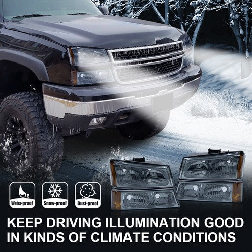 Solid Spare Fit For 2003-2007 Chevy Silverado Avalanche Headlights+Signal Bumper Lamps Smoke