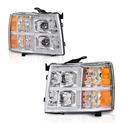 Solid Spare Fit For 07-14 Silverado 1500 2500 3500 Amber Chrome LED Projector Headlights