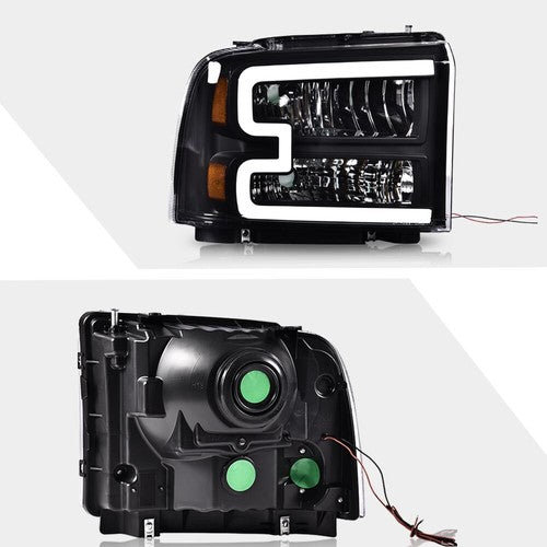 Solid Spare LED DRL Black Headlights Fit For 2005-2007 Ford F250 F350 F450 F550 Super Duty