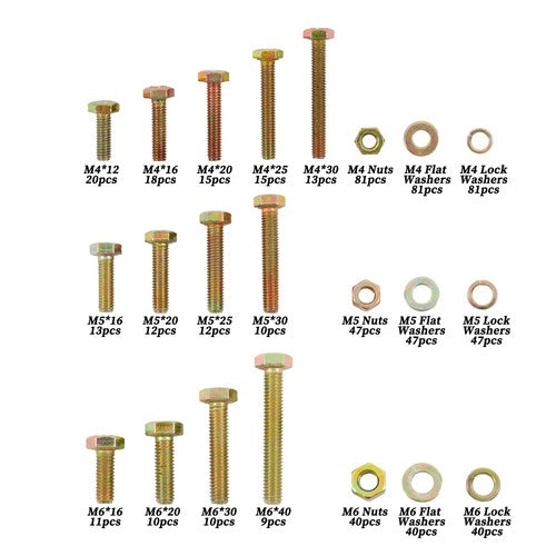 Solid Spare 672Pack M4 M5 M6 Alloy Steel Nuts Flat and Bolts & Lock Washers Assortment Kit