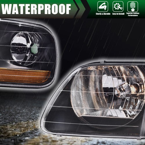 Solid Spare Fit For 97-03 Ford F150/99-02 Expedition Black Headlights+Corner Lights Pair