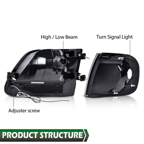 Solid Spare Fit For 97-04 Ford F150 Black/Smoked LED Strip Headlights Headlamps LH+RH