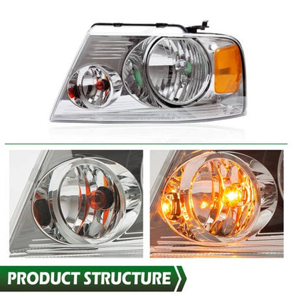 Solid Spare Fit For 2004-2008 Ford F-150 F150 Chrome Housing Amber Headlights Assembly Set