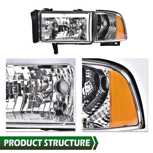 Solid Spare Fit For 1994-2002 Dodge Ram 1500 2500 3500 Amber/Chrome LED Tube Headlights