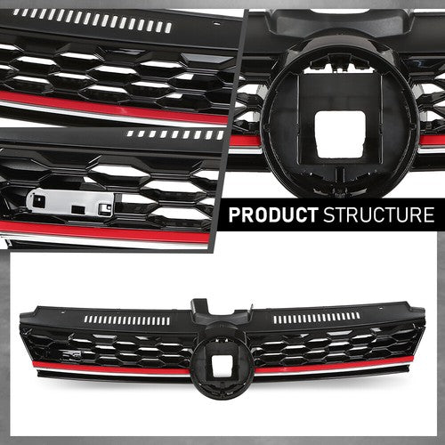 Solid Spare Front Hood Mesh Grille w/ Red Trim Fit For 2017-2019 VW Golf MK7 7.5 GTI Style