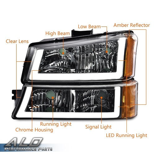 Solid Spare Fit For 2003-2007 Chevy Silverado/Avalanche LED DRL Black Headlights+Fog Lights
