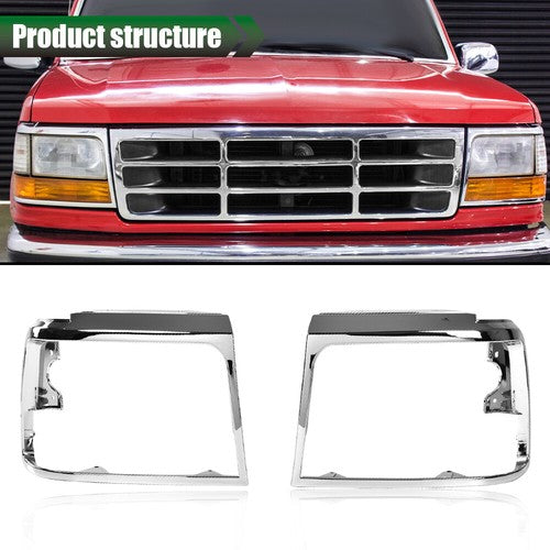 Solid Spare Chrome Headlights Trim Bezel Pair Set Fit For 1992-1996 Ford Bronco F150 Pickup