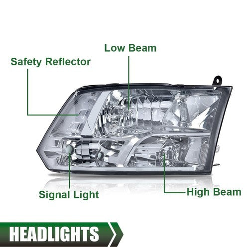 Solid Spare Fit For 09-18 Dodge Ram 1500 2500 3500 Smoke Lens Chrome Headlights Left+Right