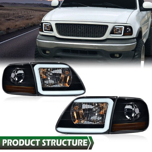 Solid Spare LED Tube Headlights & Corner Parking Lights Smoke Fit For 97-04 F150 Expedition