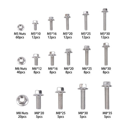 Solid Spare 240 pieces of M5, M6, M8 Flanged 304 Stainless Steel Bolts and Nuts Kit