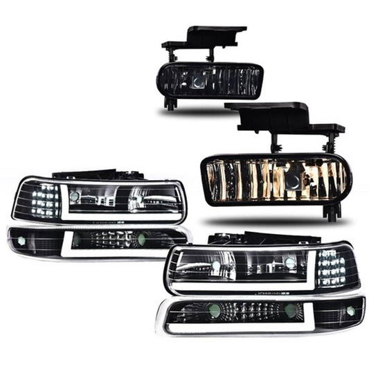 Solid Spare Clear/Black LED Tube DRL Headlight & Fog Lights Fit For 99-06 Silverado/Suburban