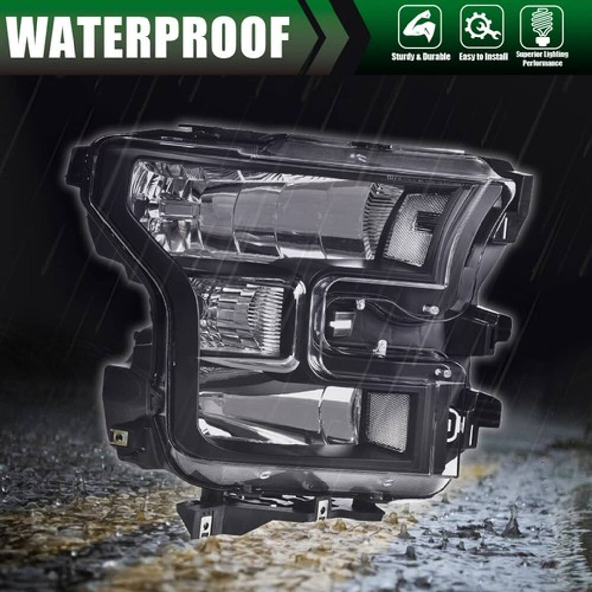 Solid Spare Fit For 2015-2017 Ford F150 Pickup Clear Corner Black Headlights Left+Right