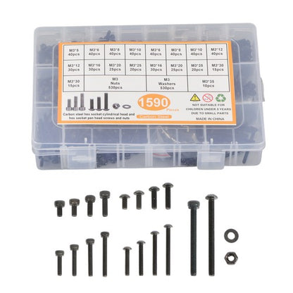 Solid Spare 1590Pcs M3 Screw Kit with Hex Button & Socket Head Bolts, Nuts and Washers