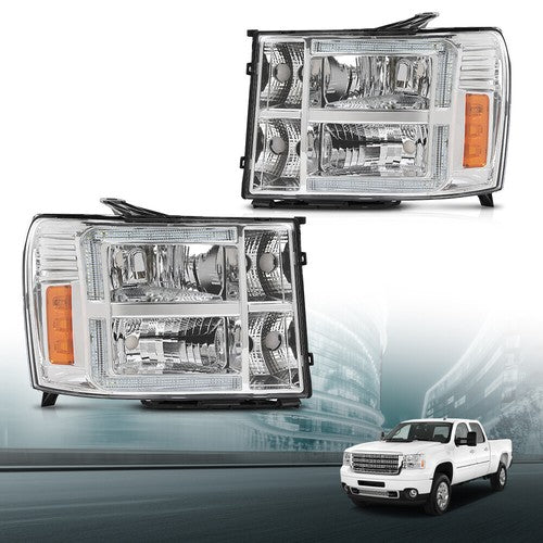 Solid Spare Clear/Chrome LED DRL Headlights Fit For 2007-2013 GMC Sierra 1500 2500 3500HD