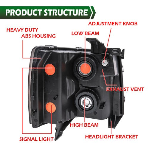 Solid Spare Fit For 07-14 Chevy Silverado 1500 2500 3500 Smoke Lens Black Headlights