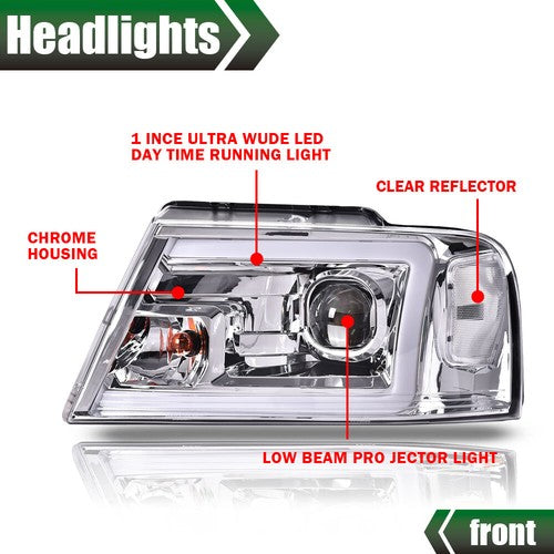 Solid Spare LED DRL Projector Headlights/Lamps Clear Chrome Fit For 2004-2008 F-150/Mark LT