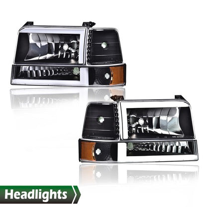 Solid Spare Fit For 92-96 Ford F-150 Bronco LED DRL Headlights Bumper Lamps Black
