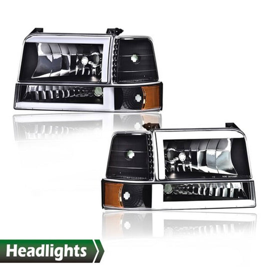 Solid Spare Fit For 92-96 Ford F-150 Bronco LED DRL Headlights Bumper Lamps Black