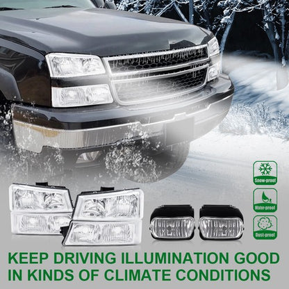 Solid Spare Clear Chrome Headlights+Fog Lights Fit For 2003-2007 Chevy Silverado Avalanche