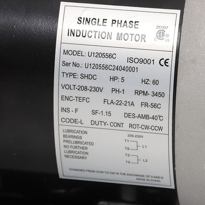 Solid Spare 5HP Electric Motor 3450RPM 56C Frame 5/8" Shaft 60HZ TEFC Single Phase 208-230V